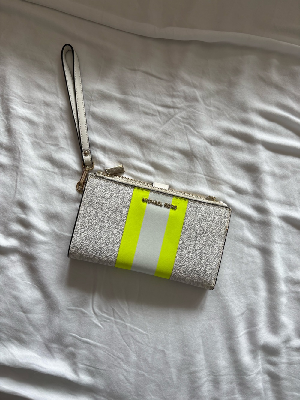 Michael Kors Wallet Wristlet with Neon Yellow and White Stripe